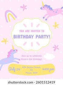 Cute unicorn kids birthday invitation in doodle style, party invitation vector template. Hand drawn trendy pink children's illustration in pastel colors.