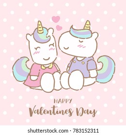 Cute unicorn kissing his girlfriend on Valentine's day, Vector Illustration