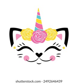  Cute unicorn Kitten head with heart crown . Little princess. Vector children's illustration for printing on fabric and paper, T-shirts, postcards.
