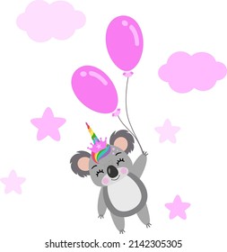 Cute unicorn koala flying holding a balloons on sky with pink clouds and stars
