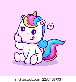 Cute Unicorn With Korean Love Sign Hand Cartoon Vector Icon Illustration. Animal Nature Icon Concept Isolated Premium Vector. Flat Cartoon Style