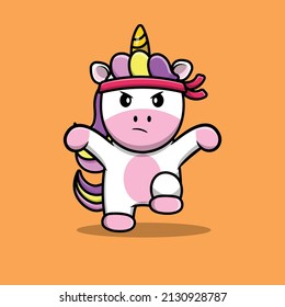 Cute Unicorn Kungfu Cartoon Vector Icon Illustration. Animal Culture Icon Concept Isolated Premium Vector. Flat Cartoon Style