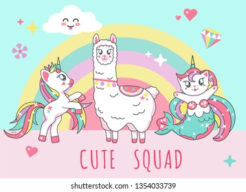 Cute unicorn, lama alpaca, mermaid cat, flamingo and inscription cute unicorn squad