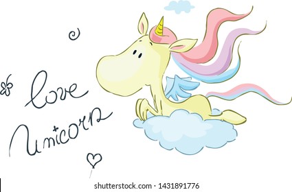 Cute Unicorn lay on Cloud - Love Unicorn text - Vector Illustration