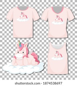 Cute unicorn lay on the cloud cartoon character with set of different shirts isolated on transparent background illustration
