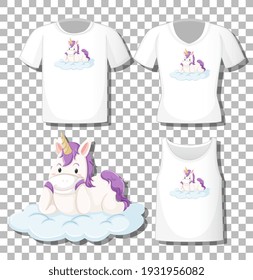 Cute unicorn lay on the cloud cartoon character with set of different shirts isolated on transparent background illustration