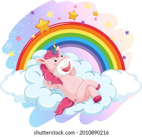 Cute unicorn laying on cloud in the pastel sky with rainbow illustration