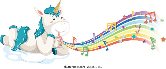 Cute unicorn laying on the cloud with melody symbols on rainbow illustration
