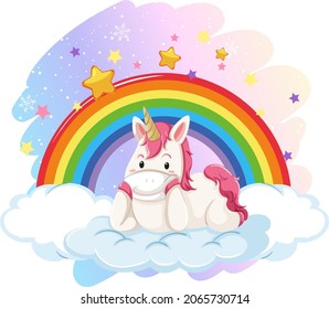 Cute unicornio sobre la nube en el cielo pastel con ilustración arcoiris
