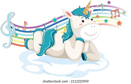 Cute unicorn laying on the cloud with melody symbols on rainbow illustration