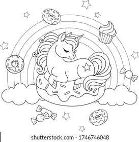 Cute Unicorn Laying On Donut With Rainbow And Sweets.Vector Outline For Coloring Page
