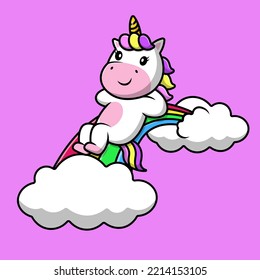 Cute Unicorn Laying On Rainbow Cloud Cartoon Vector Icons Illustration. Flat Cartoon Concept. Suitable for any creative project.
