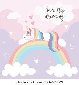Cute Unicorn laying on rainbow and dreaming