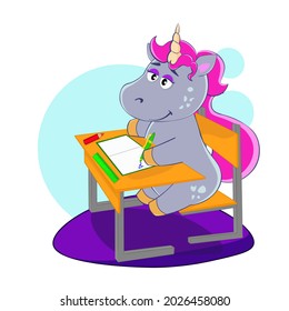 
Cute unicorn learning to write in a notebook while sitting at a desk. Cartoon vector illustration for children