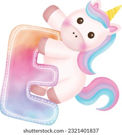 Cute unicornio. La letra "E" con un lindo unicornio.