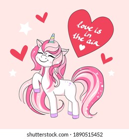 Cute unicorn and lettering love is in the air. Valentine's Day concept
