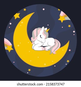 Cute unicorn lies on the moon with the starry sky on background. Round frame. Vector illustration 