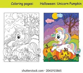 Cute unicorn lies on pumpkins. Halloween concept. Coloring book page for children with colorful template. Vector cartoon illustration. For education, print, game, decor, puzzle,design