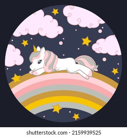 Cute unicorn lies on a rainbow with the starry sky and clouds on background. Round frame. Vector illustration 