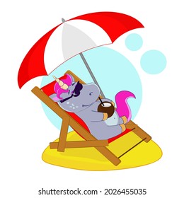 A cute unicorn lies on a sun lounger under an umbrella on the beach with a cocktail in his hands. Cartoon vector illustration for children