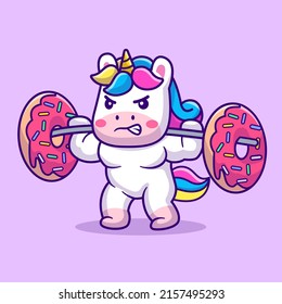 Cute Unicorn Lifting Donut Barbell Cartoon Vector Icon Illustration. Animal Sport Icon Concept Isolated Premium Vector. Flat Cartoon Style