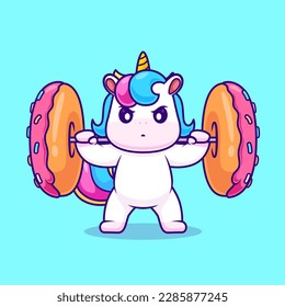 Cute Unicorn Lifting Donut Barbell Cartoon Vector Icon Illustration. Animal Sport Icon Concept Isolated Premium Vector. Flat Cartoon Style