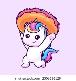Cute Unicorn Lifting Donut Cartoon Vector Icon Illustration. Animal Food Icon Concept Isolated Premium Vector. Flat Cartoon Style