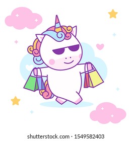 Cute unicorn lifting shopping bags, perfect for kids fabric and greeting card