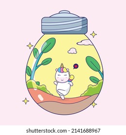 cute unicorn in the lightbulb, suitable for children's books, birthday cards, valentine's day, stickers, book covers, greeting cards, printing.