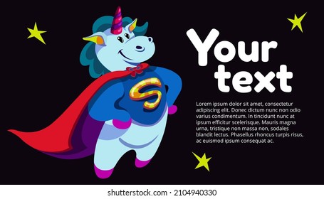 A cute unicorn is like a superhero. Vector illustration. Banner design with a cartoon character.