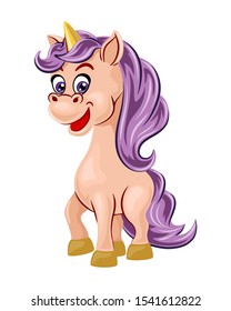 Cute unicorn with a lilac mane and tail standing. Cartoon character isolated on a white background. Vector illustration.
