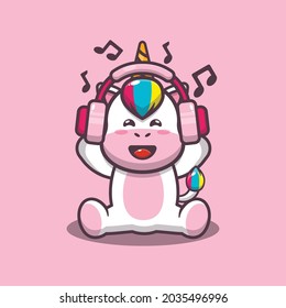 Cute unicorn listening music with headphone. Cute animal cartoon illustration. Vector isolated flat illustration for poster, brochure, web, mascot, sticker, logo and icon.