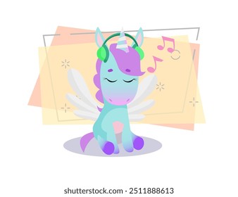 Cute unicorn listening to music in headphones. Music concept. Vector illustration can be used for topics like fantasy, leisure, technology