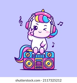 Cute Unicorn Listening Music On Boombox Cartoon Vector Icon Illustration. Animal Music Icon Concept Isolated Premium Vector. Flat Cartoon Style