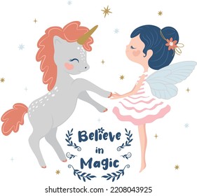 Cute unicorn with little fairy vector illustration, children artworks, wallpapers, posters, greeting cards prints. 