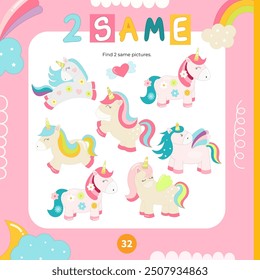 Cute unicorn and little pony activities for kids. Find two same pictures. Logic games for kids. Vector illustration. Square Activity Book. Game to boost attention and focus.