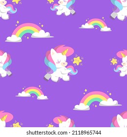 CUIDA UNICORN CON UNA PEQUEÑA ESTRELLA Y UN PATRÓN INALÁMBRICO PLANO. VECTOR DE PREMIO.