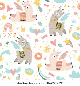 Cute unicorn llama (alpaca) seamless pattern. Creative childish texture. Great for fabric, textile. Vector illustration.