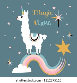 Cute unicorn llama (alpaca). Vector illustration. 
