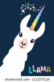 Cute unicorn llama (alpaca). Vector illustration. 
