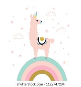 Cute unicorn llama (alpaca). Vector illustration.