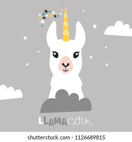 Cute unicorn llama (alpaca). Vector illustration.