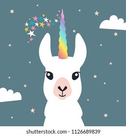 Cute unicorn llama (alpaca). Vector illustration.