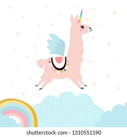 Cute unicorn llama (alpaca). Vector illustration.