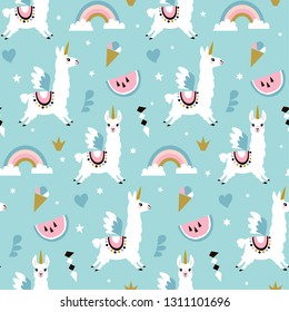 Cute unicorn llama (alpaca)seamless pattern. Vector illustration.