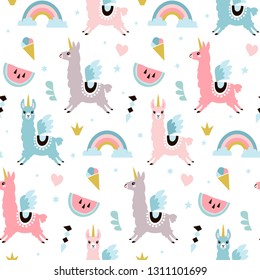 Cute unicorn llama (alpaca)seamless pattern. Vector illustration.