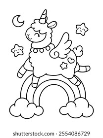 Cute unicorn llama flying over rainbow coloring page illustration