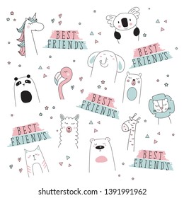 cute unicorn, llama, lion, bear, cat, elephant, giraffe, doodle cartoon vector illustration