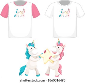 Cute unicorn logo on different white shirts isolated on white background illustration
