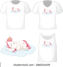 Cute unicorn logo on different white shirts isolated on white background illustration